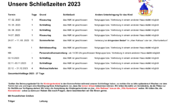 aktualisierter Schließzeitenkalender 2023
