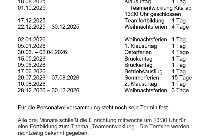 Schließzeitenkalender 2025/2026