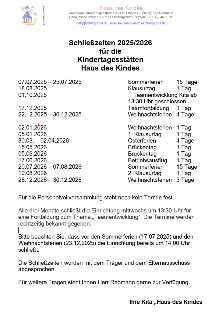 Liebe Eltern, hier finden Sie unseren Schließzeitenkalender für das Jahr 2025