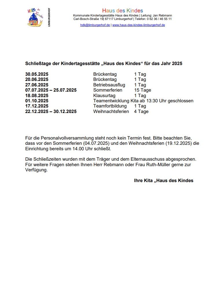 Liebe Eltern, hier finden Sie unseren Schließzeitenkalender für das Jahr 2025